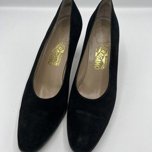 Ferragamo Timeless Black Suede Pumps with Thick Heels size 10